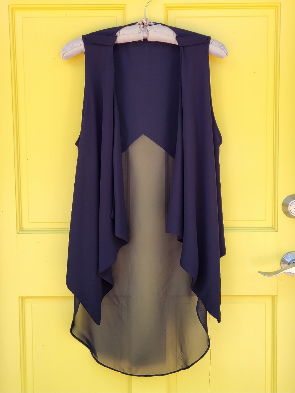 Black Sheer Chiffon Waterfall Vest High Low Drape Layering Piece M
